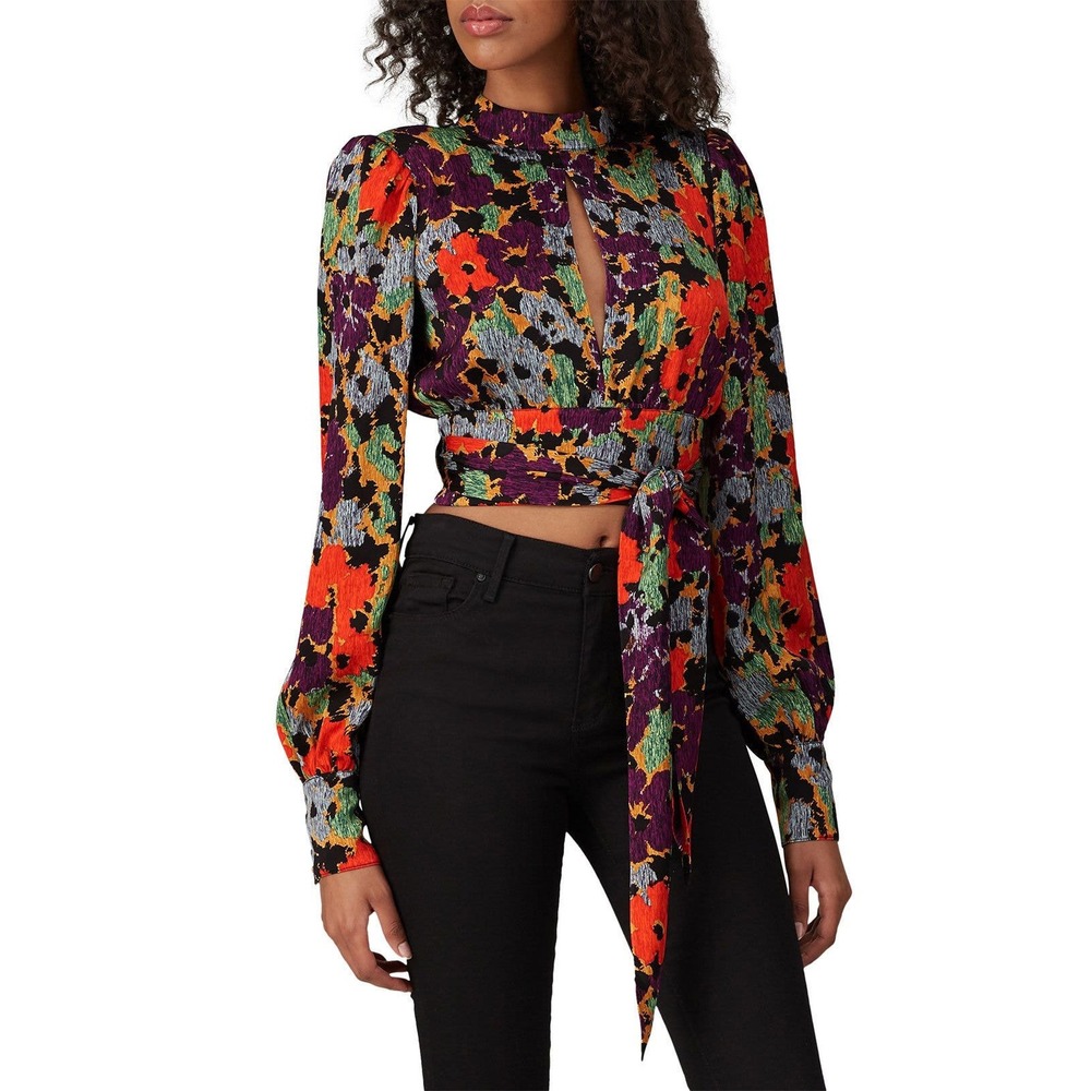 AFRM Womens Floral Print Mock Neck Keyhole Wrap Crop Top Orange Purple Size M